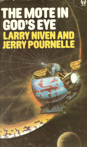 cover of "The Mode in God's eye" by Larry Niven and Jerry Pournelle.

featuring a mottled blue spaceship in front of a large star with a smaller planet at bottom right of cover.