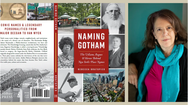 on rt is photo of me (white woman with brown shoulder length hair and blue scarf over pink shirt)  On left is the cover of Naming Gotham--photos on cover include Peter Cooper, Shirley Chisholm, Jackie Robinson and Henry Bruckner