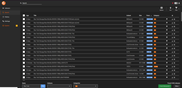 A screenshot of Prowlarr, an application used to aggregate torrents. Pictured is a search for Star Trek, showing thousands of results.