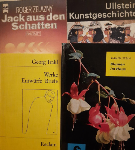 Vier Bücher übereinander- Trakl, Zelazny, Blumen, Kunstgeschichte