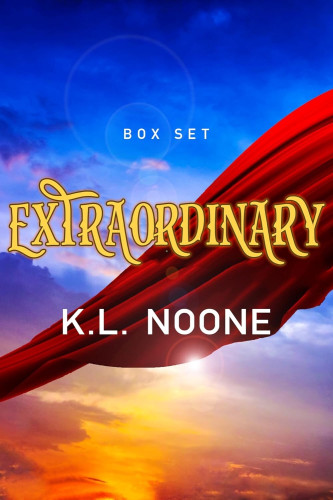 Cover - Extraordinary Box Set by K.L. Noone - a red cape fluttering in front of a gorgeous sunset sky