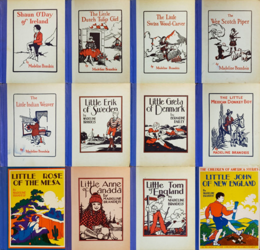A composite image of 12 vintage Madeline Brandeis books about children of the world. Each book is illustrated, hardcover with a blue cloth spine. The titles are as follows:

1. Shaun O'Day of Ireland
2. The Little Dutch Tulip Girl
3. The Little Indian Weaver
4. Little Erik of Sweden
5. The Little Swiss Wood-Carver
6. Little Greta of Denmark
7. The Wee Scotch Piper
8. THE LITTLE MEXICAN DONKEY BOY
9. LITTLE ROSE OF THE MESA
10. Little Anne Canada
11. Little Tom England
12. THE CHILDREN OF AMERICA STORIES – LITTLE JOHN OF NEW ENGLAND