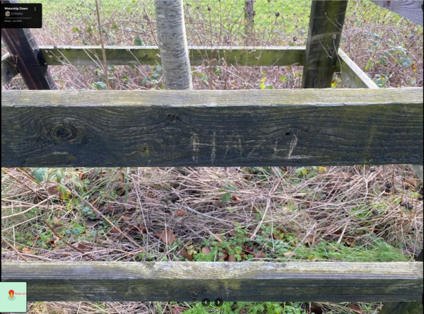 A photo of a wooden enclosure to protect a tree located on Watership Down. Carved into one of the rails is the name "HAZEL".