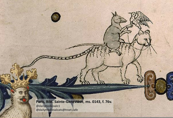 Picture from a medieval manuscript: Rat with a Bird on its paw riding on a white Cat 