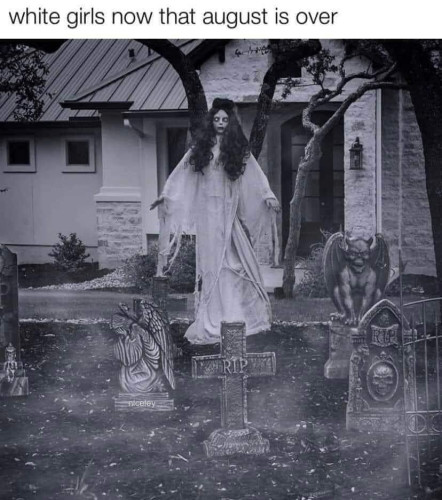 A graveyard scene with tombstones and fog and a ghostly girl levitating with text "white girls now that august is over"