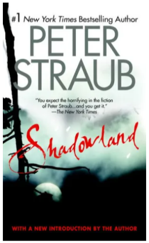 Cover of the book Shadowland by Peter Straub. 
#1 New York Times Bestselling Author

"You expect the horrifying in the fiction of Peter Straub... and you get it." -- The New York Times

With a new introduction by the authro

Cover image is non-descript silhouettes of buildings and trees out of of focus with either a pale sun or bright full moon on the horizon showing through some haze. The title is centered in blood-red neat handwriting. 