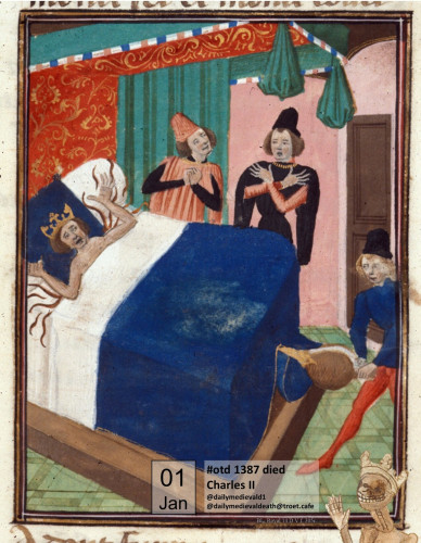 The picture shows Charles lying crowned in his bed, the blanket up to his chest. He has his hands raised in a scream and flames are coming out from under the blanket next to him. Two courtiers are standing frightened next to the bed, a third is still blowing air with a bellows under the blanket at the foot of the bed.