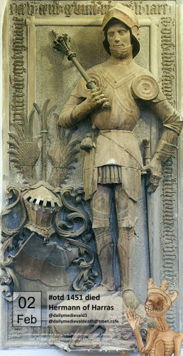 The picture shows the tomb slab, which shows Hermann half-plastic in full armor with open visor.