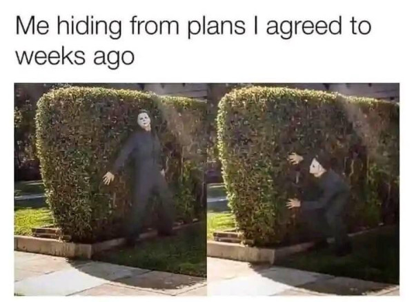 Text "Me hiding from plans I agreed to weeks ago"
With two pictures of Michael Myers hiding behind a big shrub