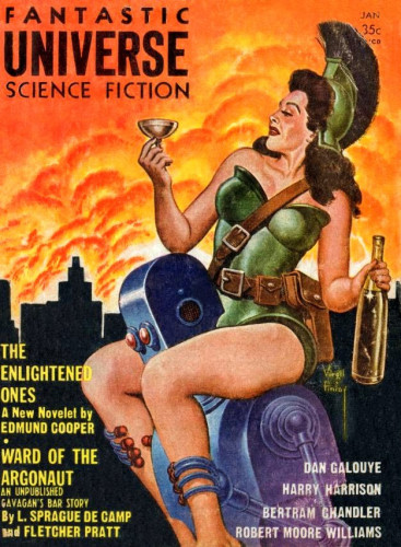 A woman with long brown hair in a green dress with a brown leather gun holster around her waist and across her shoulder and is wearing a green Corinthian helmet with a large bushy plume of the type the ancient Greeks wore. As fires rage through the cities in the distance, she is sitting on the shoulders of a large blue robot and holds a bottle in one hand and lifts a glass in the other as if to toast the end of this world. 

The cover of Fantastic Universe Science Fiction, January, 1959.