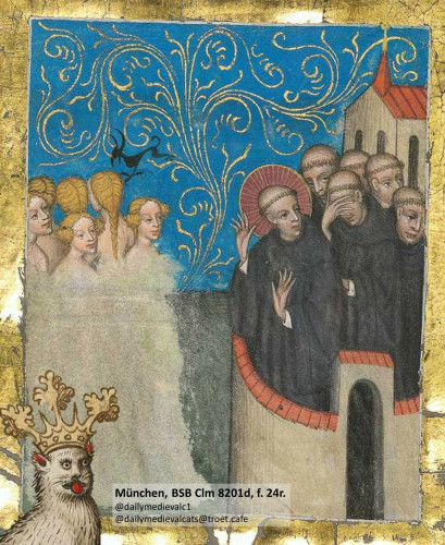Picture from a medieval manuscript: A group of monks close their eyes to naked women. And a cat?
