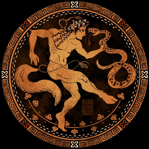 Drawing in the style of a red-figure vase painting depicting a trans satyr with visible mastectomy scars. He is dancing and holding a snake.