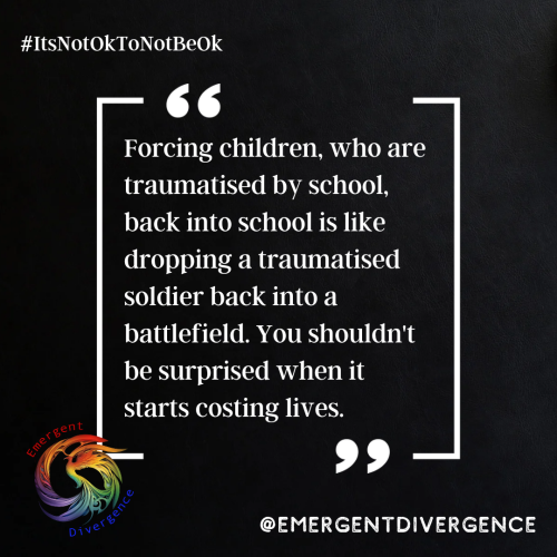 Text reads "Forcing children, who are traumatised by school, back into school is like dropping a traumatised soldier back into a battlefield. You shouldn't be surprised when it starts costing lives."