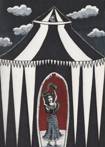 Stylized illustration of a circus tent with teeth, with a woman inside the tent dancing with a snake, holding it raised above her head. The sky above the tent is dark, with clouds dotting it.