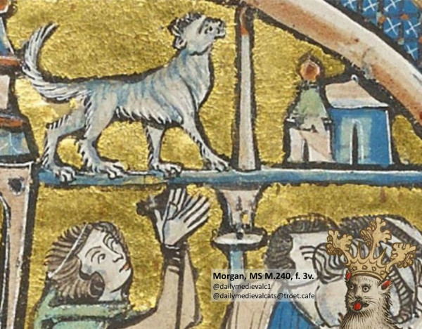 Picture from a medieval manuscript: A cat walks above people's heads
