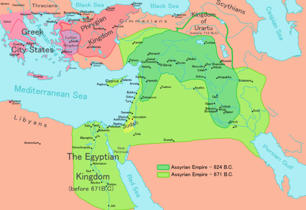 Map of the Assyrian Empire 824 BCE to 671 BCE. 