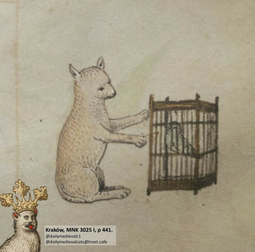 Picture from a medieval manuscript: A cat plays with a bird in a cage