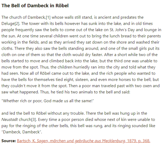 German folk tale "The Bell of Dambeck in Röbel". Drop me a line if you want a machine-readable transcript!