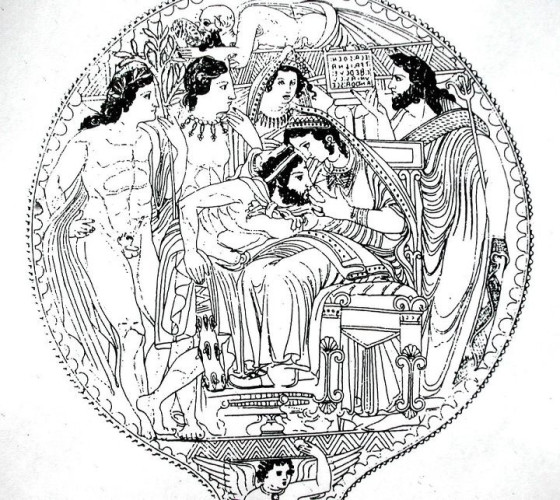 Drawing of an Etruscan mirror case engraving. In the centre, Hera is sitting on her throne breastfeeding and adult Herakles who holds his iconic club. Behind them, Zeus is holding up or gesturing towards a piece of writing, maybe laws. A goddess and two gods are watching the scene. One of them is Apollon, holding up a laurel tree and wearing laurels in his long hair.