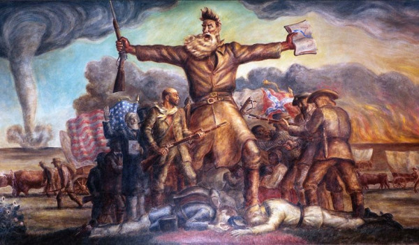 Mural: Tragic Prelude, north wall. John Brown in front of and between fighting Union and Confederate soldiers. By John Steuart Curry - United Missouri Bank of Kansas City, Public Domain, https://commons.wikimedia.org/w/index.php?curid=48498757