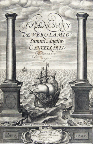 A galleon sails between the Pillars of Hercules toward the New World on the title page of Francis Bacon’s Novum Organum, 1620.
Archive.org