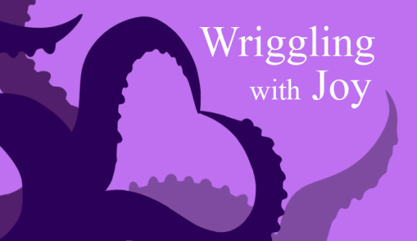 Purple tentacles writhing and forming the shape of a heart against a lighter purple background, with the text 'Wriggling with Joy' in white.