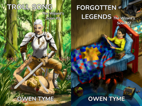The covers of Troll Song and Forgotten Legends, side by side.

The cover of Troll Song shows the villain, Nicole, in white leather armor, with her swords crossed against the neck of a scared dwarf.

The cover of Forgotten Legends shows a young boy sitting up in bed, reading books, while a darkly-colored monster lurks under his bed.