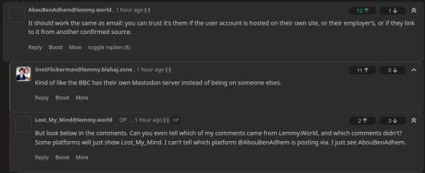 Screenshot of this comment thread on mBin, where each user's instance is shown.