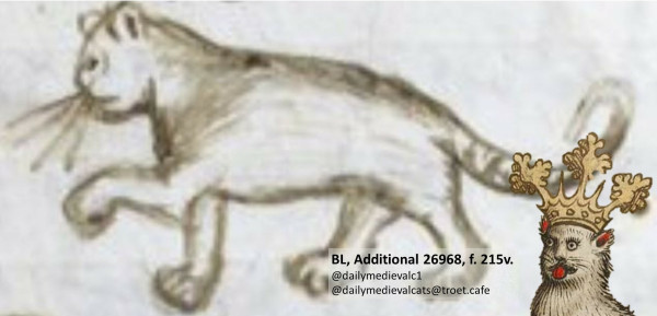 Picture from a medieval manuscript: Black and white drawing of a rather surprised looking cat in mid-motion