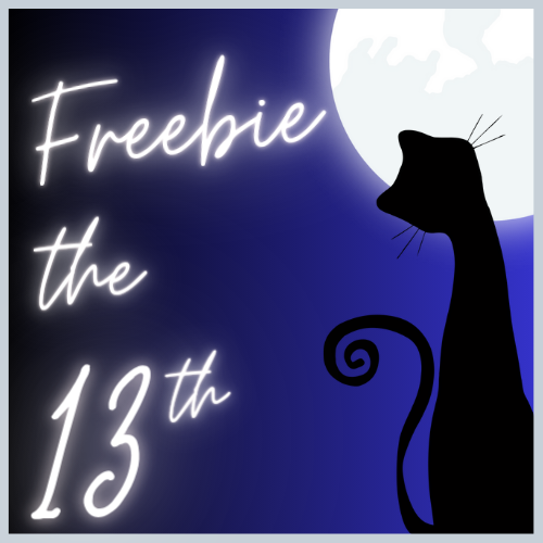 Illustrated graphic on a dark to light blue gradient background. Freebie the 13h is written on the darker side in a glowing handwriting style. On the lighter side, a black cat with a curling tail, its back to our view, looks up at a giant full moon, slightly off screen, with its head tilted to one side