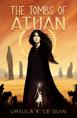 A  mock cover for The Tombs of Atuan by Ursula Le Guin, shows Tenar , against a deserted landscape were the only thing standing are the ancient Tombs of Atuan. In the negative space created by Tenar dark robes, Ged silhouette, holding his staff high, shines.