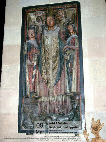 The picture shows a walled-in colored epitaph. In the center is a bishop, to the left and right of him a much smaller figure. The bishop places a crown on each of the two figures with one hand each.