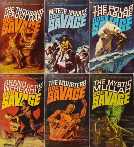 A composite image of six photos of Doc Savage vintage paperbacks, as follows:
1. The Thousand-Headed Man.
2. Meteor Menace.
3. The Polar Treasure.
4. Brand of the Werewolf.
5. The Monsters.
6. The Mystic Mullah.