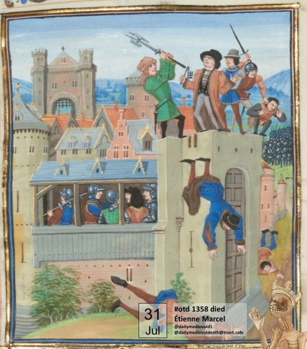 The picture shows a battle scene in a town with several dead.