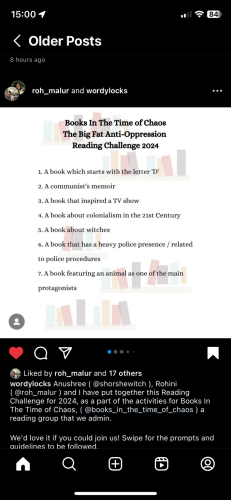 1. A book that starts with the letter D; 2. A communist memoir; 3. A book that inspired a TV show; 4. A book about colonialism in the 21st Century; 5. A book about witches; 6. A book that has a heavy police presence/related to police procedures; 7. A book featuring an animal as one of the main protagonists