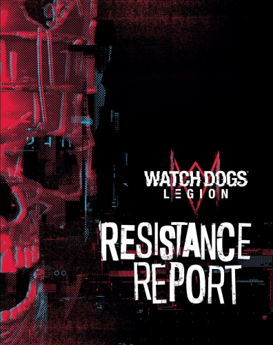 The book cover of Watch Dogs: Legion - Resistance Report. A glitched out red skull is on the left with black digital code around the cover against a black backdrop. 