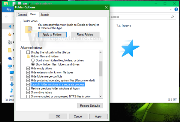 Image of File Explorer menu options highlighting "Launch folder windows in a different process".