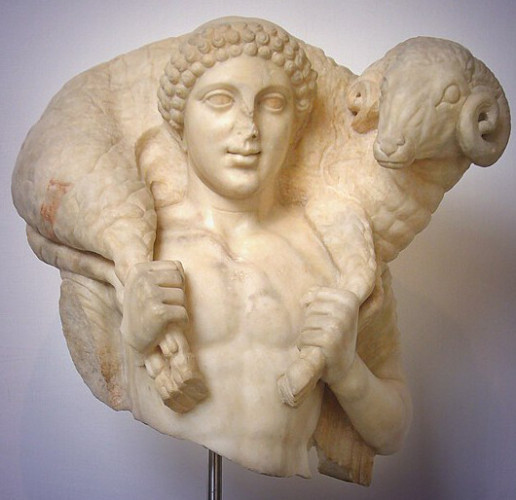 Marble sculpture of Hermes or a shepherd carrying a ram over his shoulders, firmly grasping the hind legs in his right hand and the forelegs in his left.