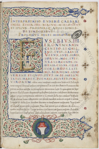 A page of humanist script with white vine borders on three sides.  A large capitol E starts the main text, under several lines of title. Ott.lat.743 f.1r