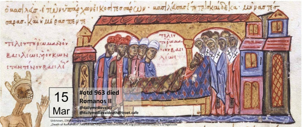 The picture shows the emperor on his deathbed, surrounded by his faithful.