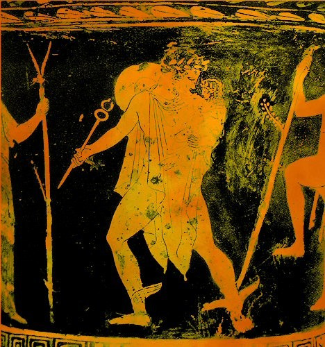 Detail of a red-figure vase painting. Hermes is holding baby Dionysos on his arm, his head turned to look at his little brother. Both of them are crowned with laurels. Hermes is nude underneath his chlamys cloak, holding his kerykeion staff in his right. His traveller's hat hangs from his neck by a cord. Wings are sprouting from his ankles or he is wearing winged sandals, this is hard to make out due to the damage of the painting.