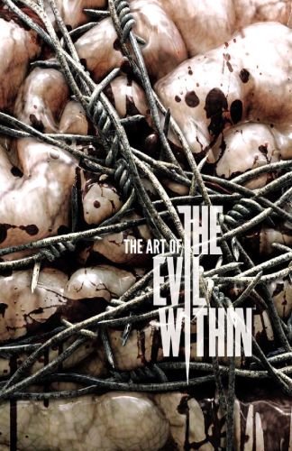 The English book cover of The Art of The Evil Within which has a bloody barbwire wrapped around fatty flesh.