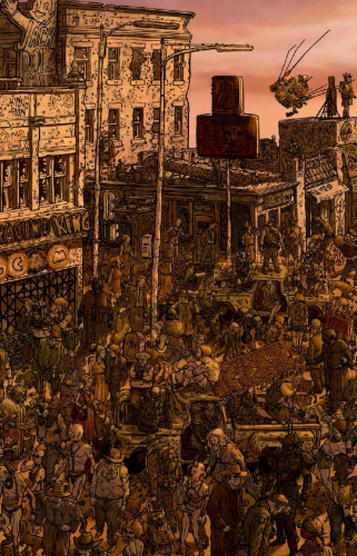 The image depicts a highly detailed and busy scene of a bustling, post-apocalyptic Las Vegas city street. The artwork is rich with sepia tones, giving it a vintage or aged appearance. The scene is crowded with a wide variety of characters that could be from different time periods or worlds, suggesting a fusion of cultures and eras.

There are numerous signs and buildings, some of which appear damaged or in disrepair. Notable signs include "Jackpotz Casino" and "Casino King," indicating some semblance of commercial activity. The presence of these signs suggests that, despite the chaotic environment, some form of society and economy persists.

In the background, there's a flying machine that resembles a helicopter, but with a more makeshift or steampunk design. The characters in the scene are engaged in various activities: some appear to be trading goods, while others are conversing, and there are also those who seem to be just passing through.