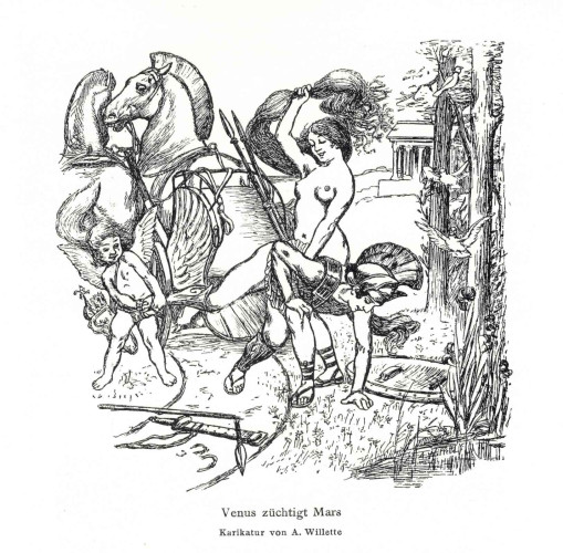 Pencil drawing of Venus using her long hair to strike the exposed behind of Mars who is bent over her thigh. Mars wears his armour but his weapons and shield lie on the ground. Eros or Cupid is holding Mars by the foot, possibly in the process of taking off his greaves.