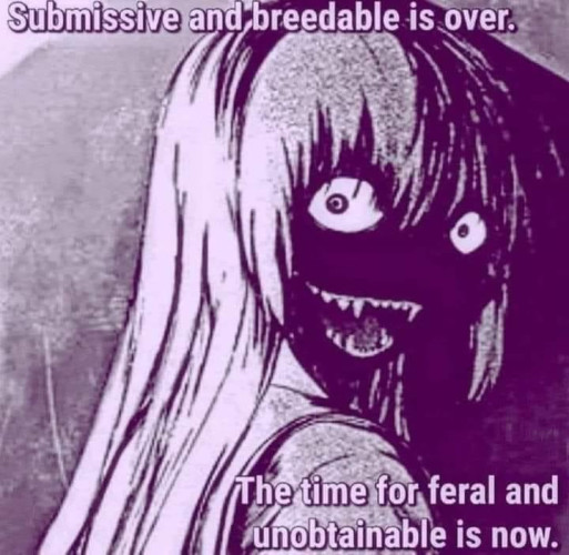 Text:
"Submissive and breedable  is over.
The time for feral and unobtainable is now."
Picture of a girl with a blacked out face except for her large eyes and teeth, smiling wildly