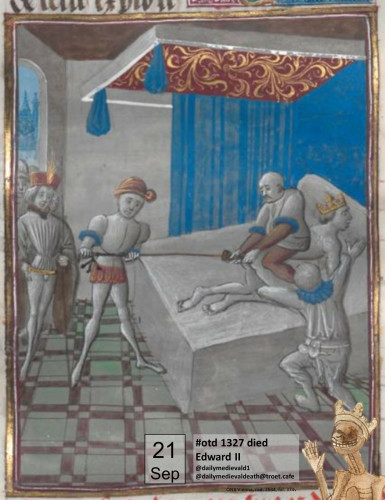 The picture from a medieval manuscript shows Edward being killed by a group of warriors in a bedchamber.