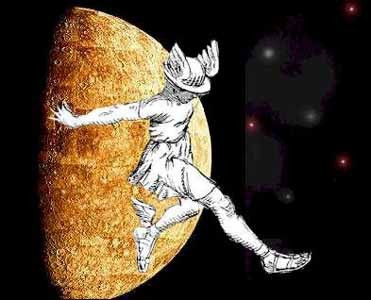 A black-and-white drawing of the god Hermes edited in front of a photograph of the planet Mercury. A few stars are further edited into the background.