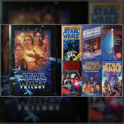 A composite image featuring seven Star Wars books.

Star Wars Trilogy hardcover. Jacket art features Mark Hamill as Luke Skywalker, Carrie Fisher as Princess Leia Organa, Harrison Ford as Han Solo, and Sir Alec Guiness as Obi-Wan "Old Ben" Kenobi. X-Wing & Y-Wing starfighter spacecraft fill out this cover with starfields and fiery explosions in the background.

A row of three vintage Del Rey paperbacks from the original trilogy, featuring their classic movie poster covers:
Star Wars by "George Lucas," from the adventures of Luke Skywalker.
The Empire Strikes Back by Donald F. Glut.
Return of the Jedi by James Kahn, screenplay by Lawrence Kasdan, with a "Fabulous 8-page Color Insert."

Three more paperbacks:
Star Wars Trilogy single volume by George Lucas, Donald F. Glut, and James Kahn features a close-up of Darth Vader's helmet.
Heir to the Empire Volume 1 by Timothy Zahn.
Shadows of the Empire by Steve Perry.