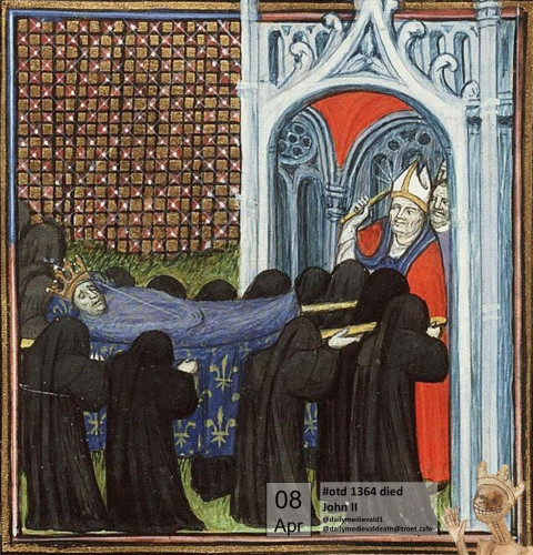 The picture shows John II's body being carried into a church on the shoulders of several people dressed in black.