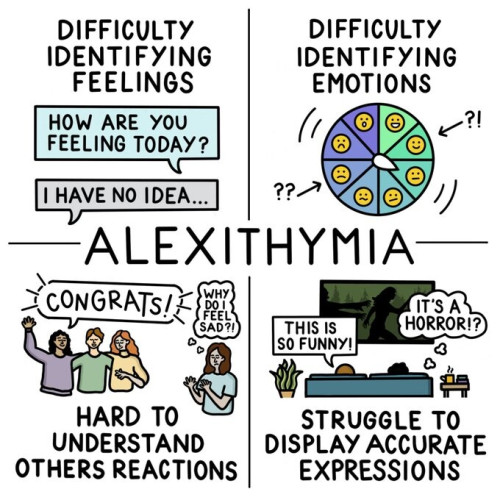 ALEXITHYMIA

1. DIFFICULTY IDENTIFYING FEELINGS
HOW ARE YOU FEELING TODAY? I HAVE NO IDEA.

2. DIFFICULTY IDENTIFYING EMOTIONS

3. HARD TO UNDERSTAND OTHERS REACTIONS
CONGRATS! WHY DO I FEEL SAD?!

4. STRUGGLE TO DISPLAY ACCURATE EXPRESSIONS
THIS IS SO FUNNY! IT'S A HORROR!?